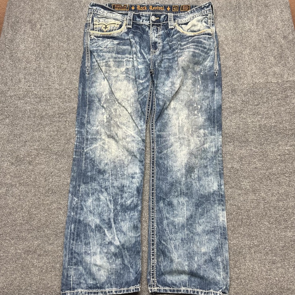 Rock Revival Jeans Mens 42x33 Blue Willis Straight Acid Wash Distressed Denim